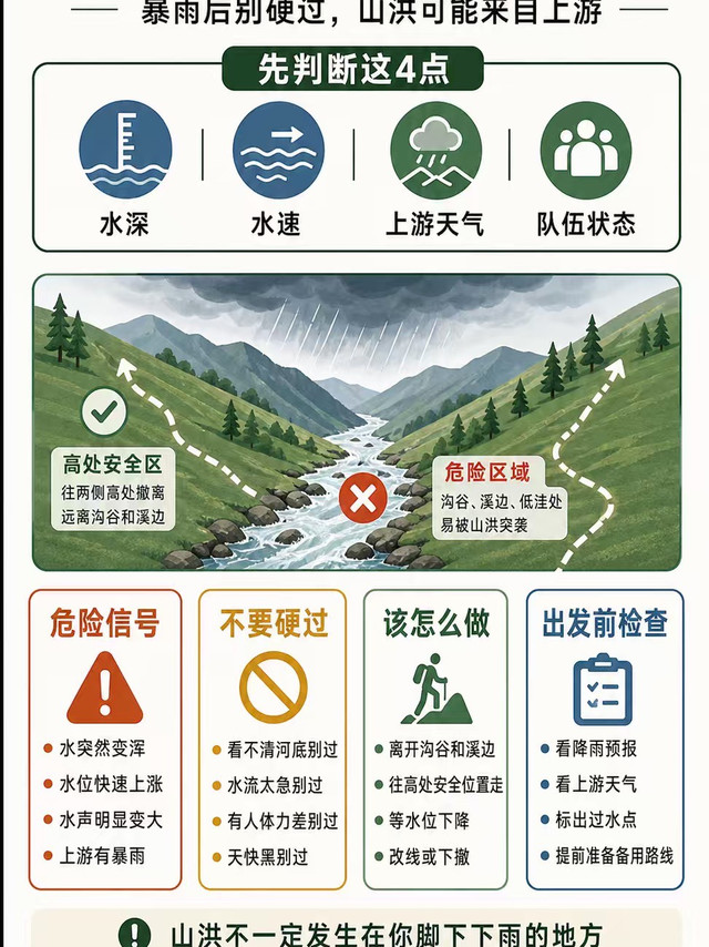 徒步遇到涨水溪流怎么办？