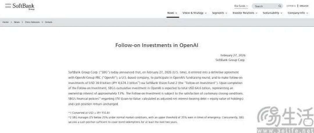 软银再投OpenAI百亿美元，累计投资646亿美元