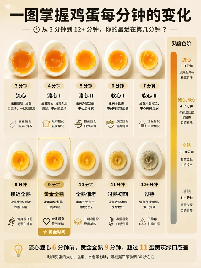 鸡蛋煮几分钟最好吃？从 3 分钟到 12 分钟，一图看懂每分钟的变化