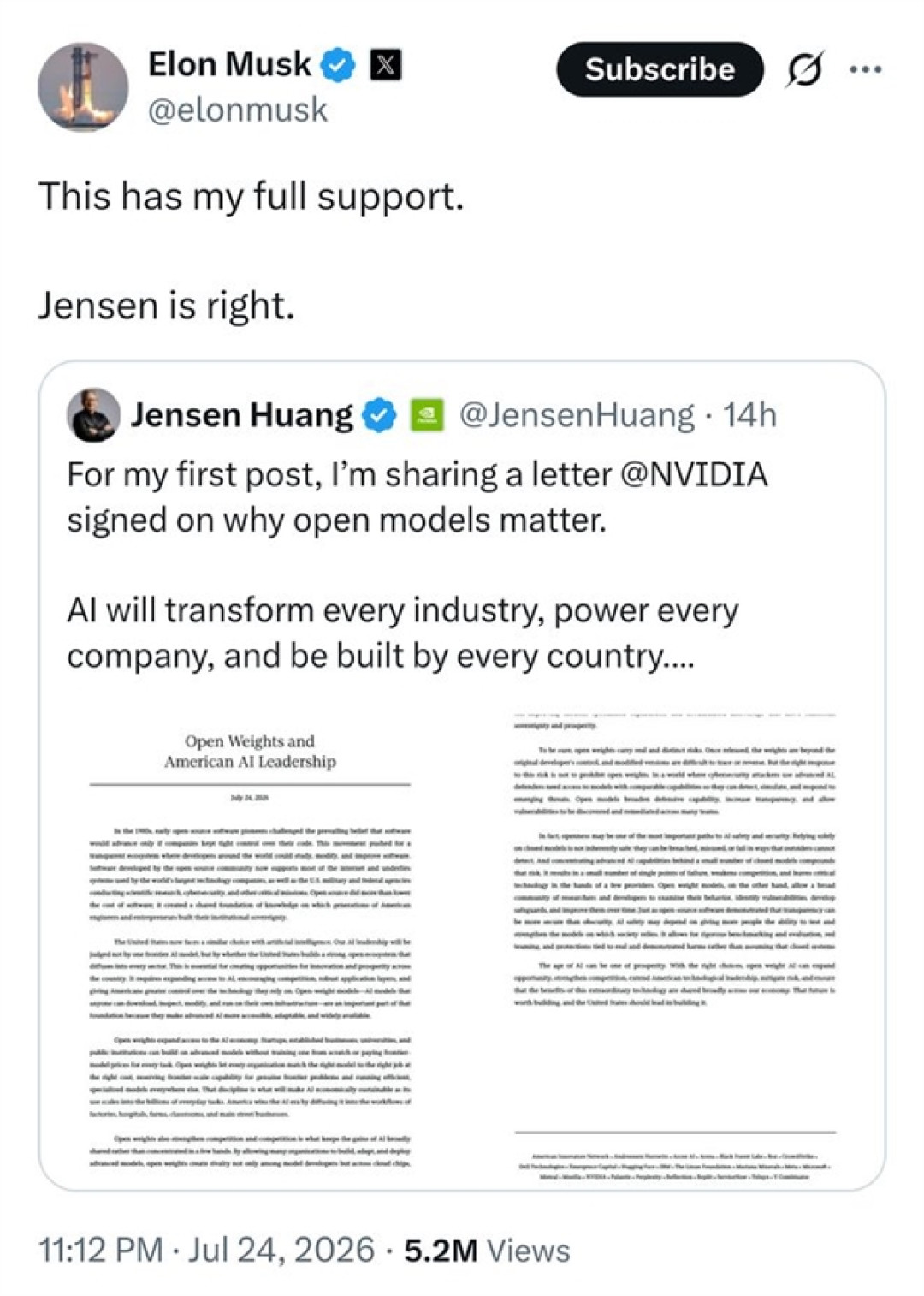 黄仁勋入驻X首条推文就炸场！联署数十家巨头力挺开源AI：马斯克一键三连