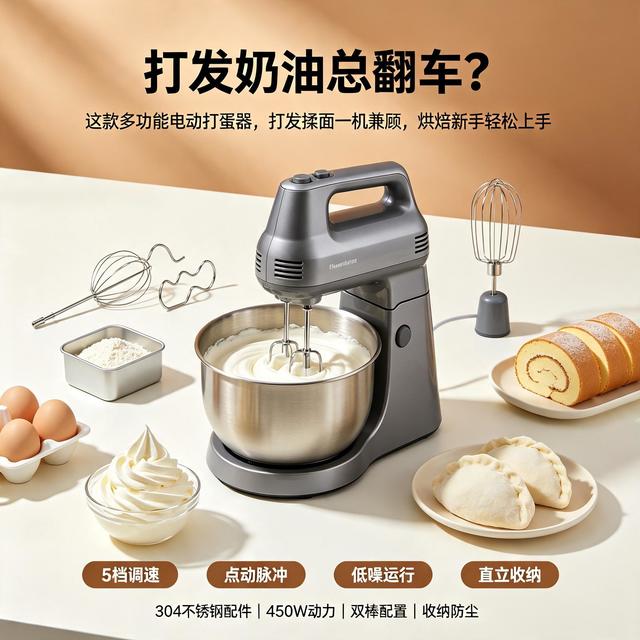 打奶油总翻车？这款打蛋器，打发揉面一机兼顾，烘焙新手轻松上手