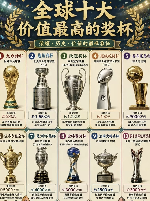 一张图搞清楚全球价值最高的十大奖杯🏆体育爱好者速来围观！