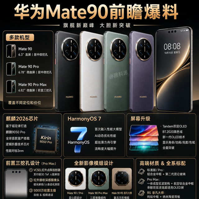 华为Mate90系列配置曝光：全系直屏+7000mAh，这波操作太务实了