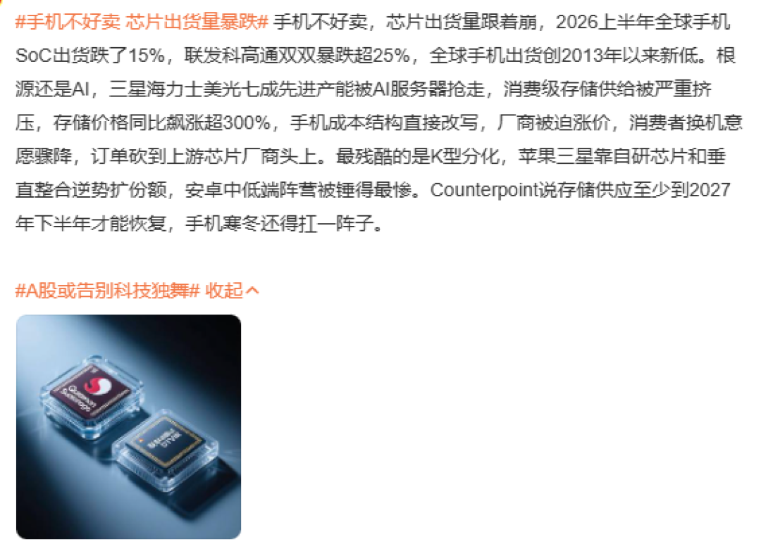 手机行业寒冬：芯片出货大跌，AI服务器抢占产能，安卓低端压力最大
