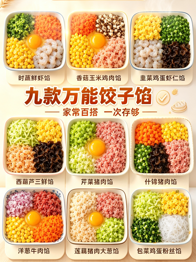 标题：九款万能饺子馅全图鉴！