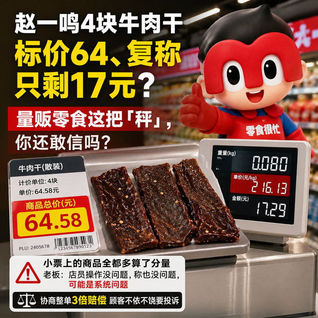赵一鸣4块牛肉干标价64、复称只剩17元？量贩零食这把「秤」，你还敢信吗？