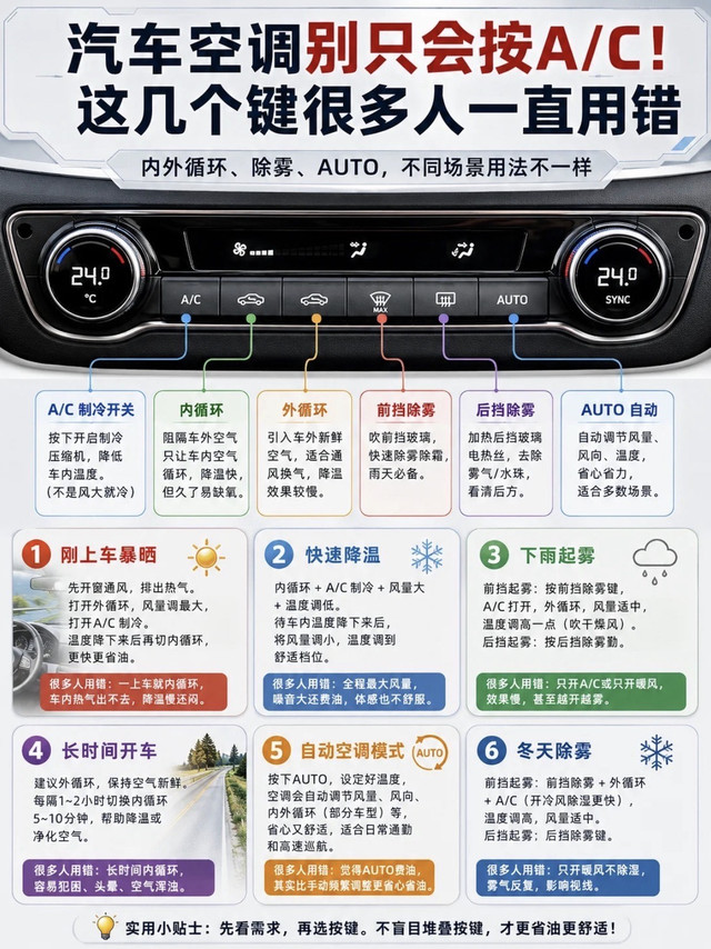 汽车空调按键全图解🚗90%司机都用错内外循环
