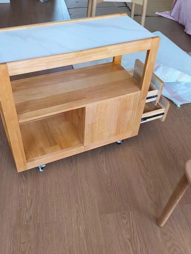 橡胶木实木岩板边几家用多功能移动茶几小型