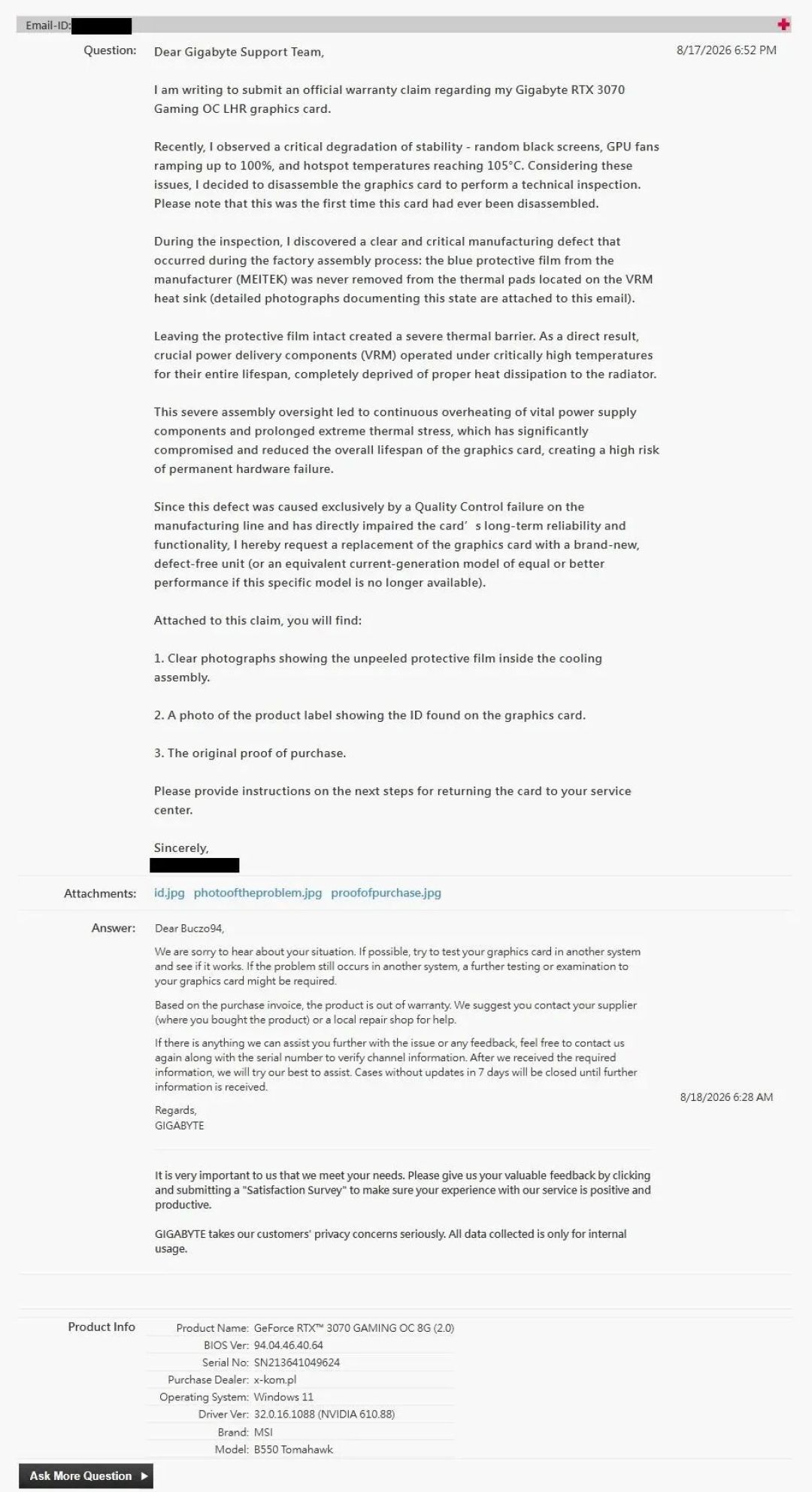 技嘉RTX 3070用了5年疯狂黑屏,才发现散热贴保护膜根本没撕!