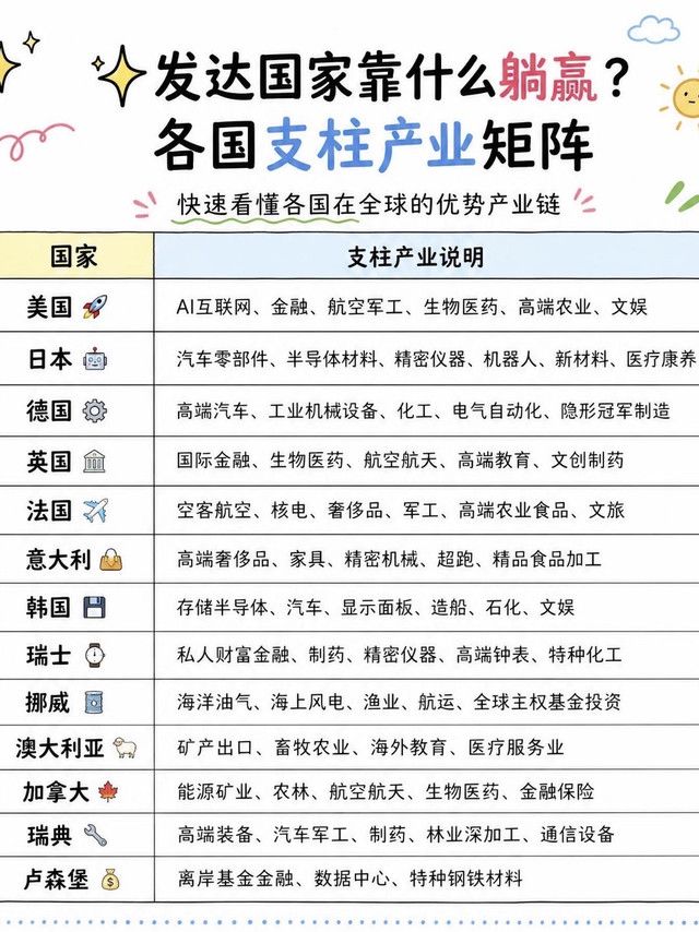 发达国家靠什么躺赢✨各国支柱产业矩阵