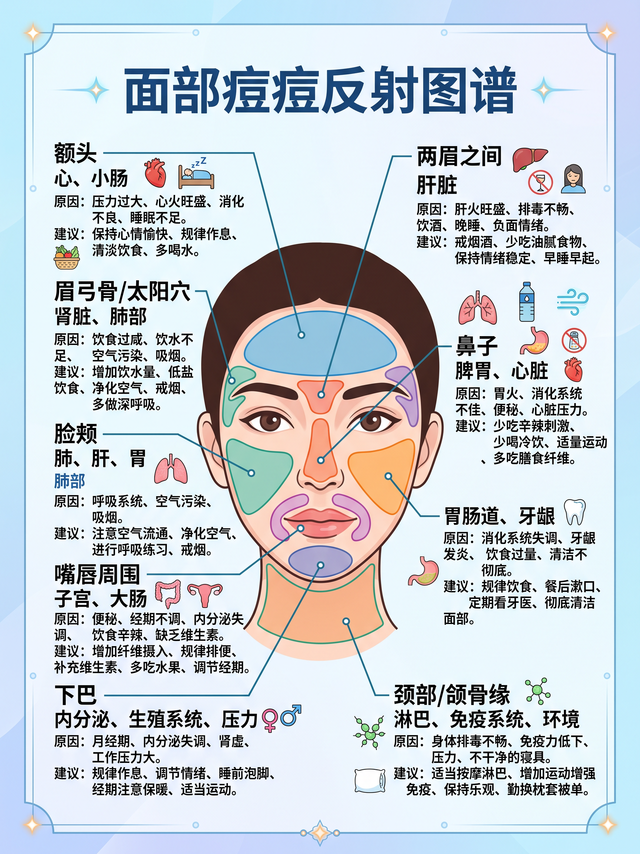 脸上不同位置长痘，到底表明什么？一张图讲透
