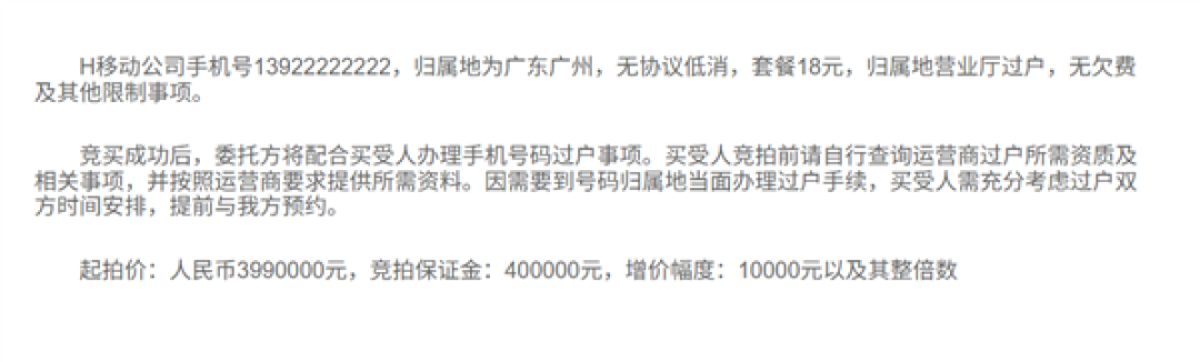 尾号8个2手机号开拍!399万起拍 月租仅18元 需缴40万保证金