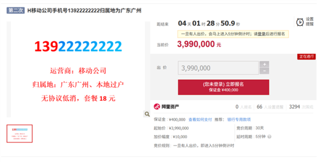 尾号8个2手机号开拍!399万起拍 月租仅18元 需缴40万保证金