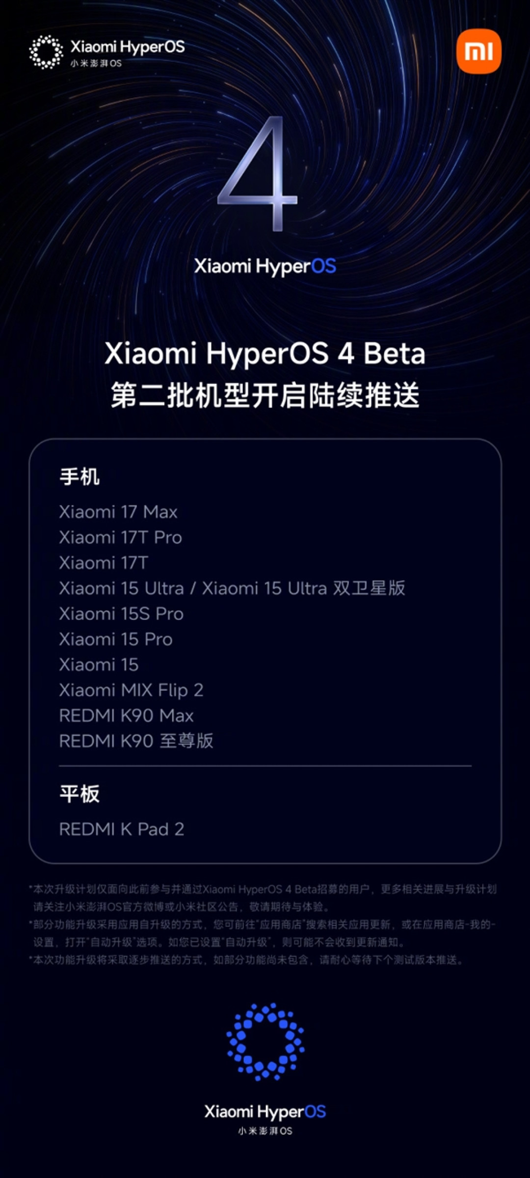 小米澎湃OS 4 Beta第二批机型开启推送:小米15、K90至尊版等在列