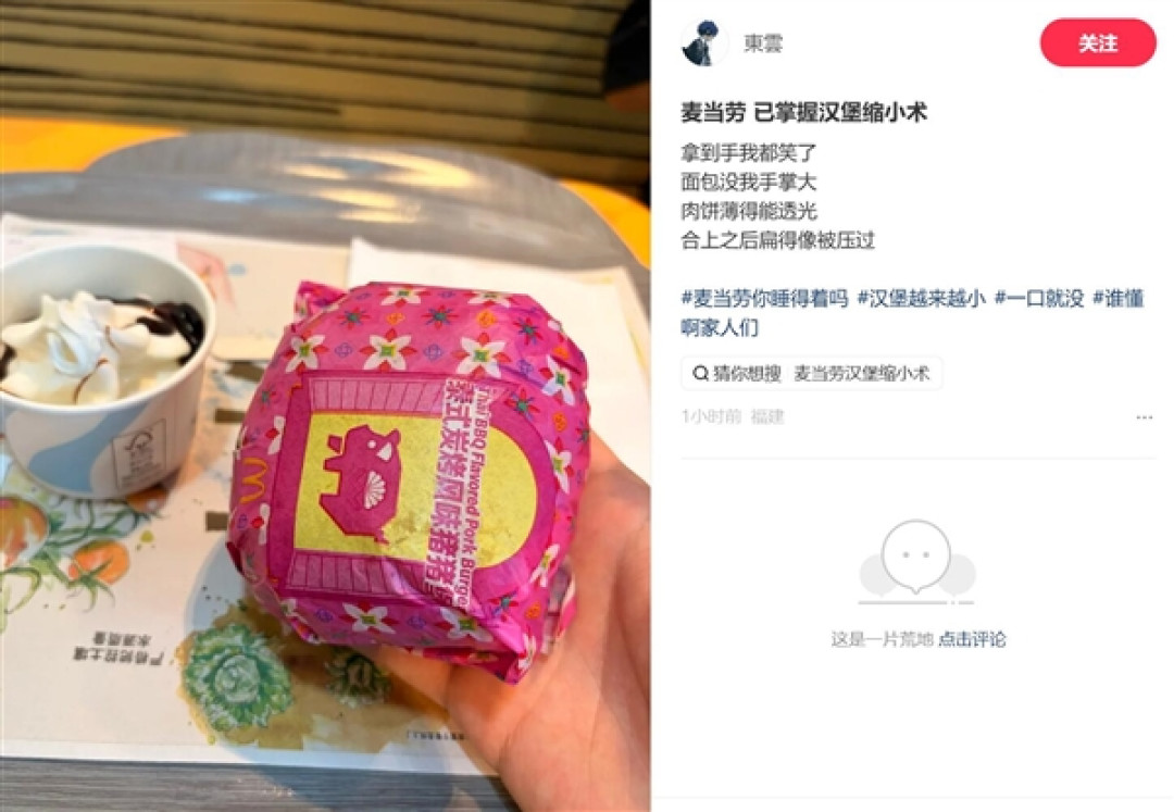 汉堡为何越来越小了 网友吐槽西式快餐分量缩水:尺寸还没手掌大