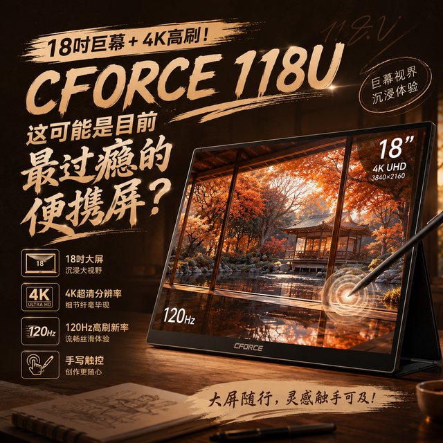 18吋巨幕+4K高刷！好看又好玩，CFORCE 118U便携屏