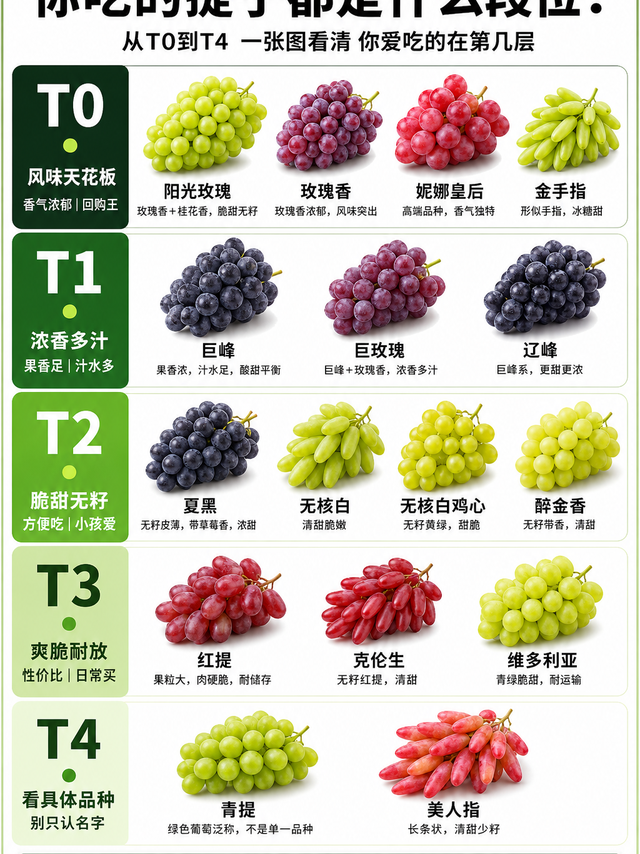葡萄提子段位图来了🍇从T0到T4，你爱吃的在第几层