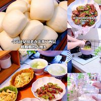 手工馒头配盐葱梅花肉,一桌热乎家常菜，平凡日子的小幸福