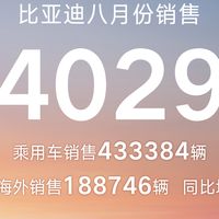 比亚迪8月销量440293辆 海外同比增134.6%