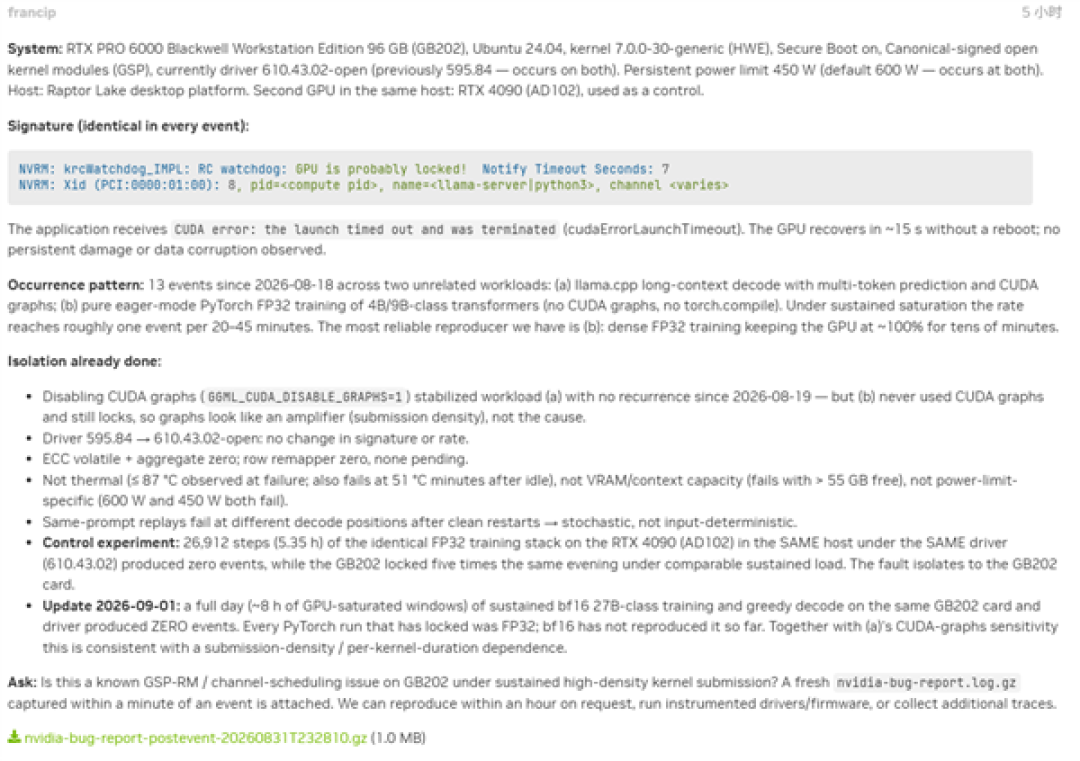 稳定性翻车！RTX PRO 6000曝Linux驱动Bug：FP32训练频发GPU锁死