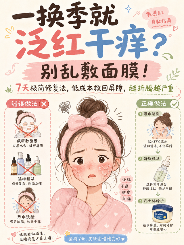 一换季就泛红干痒？别乱敷面膜！7 天极简修复法，低成本救回屏障