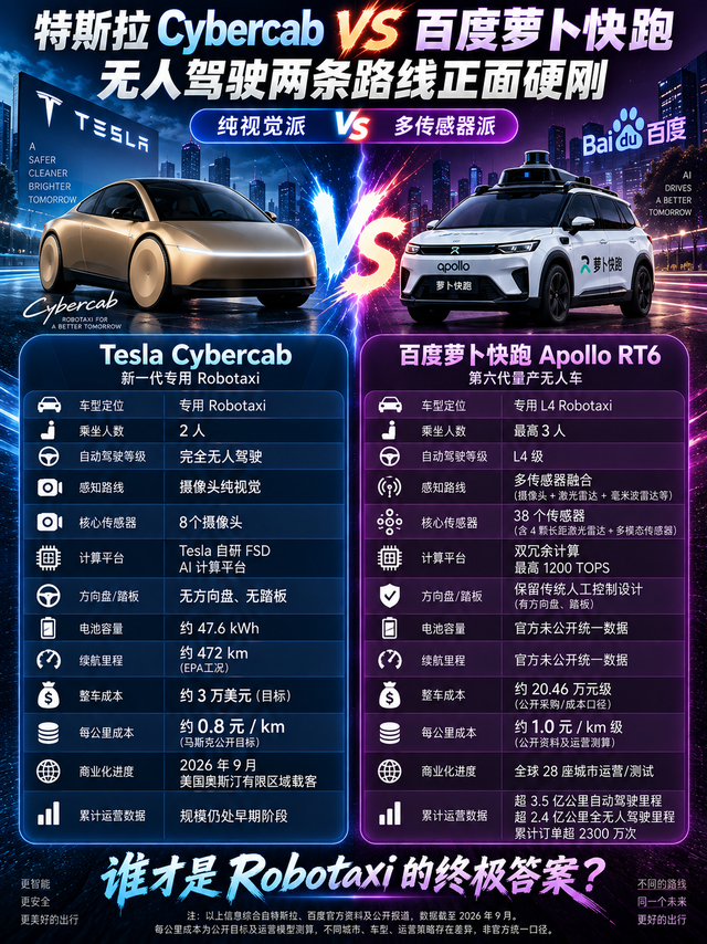 特斯拉Cybercab硬刚百度萝卜快跑：无人驾驶的路线之争，谁更强？