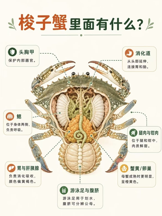 吃梭子蟹别乱啃！一张图分清哪些能吃哪些要丢掉