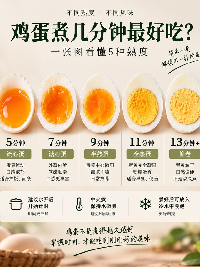 鸡蛋五种熟度与最佳煮制时间解析