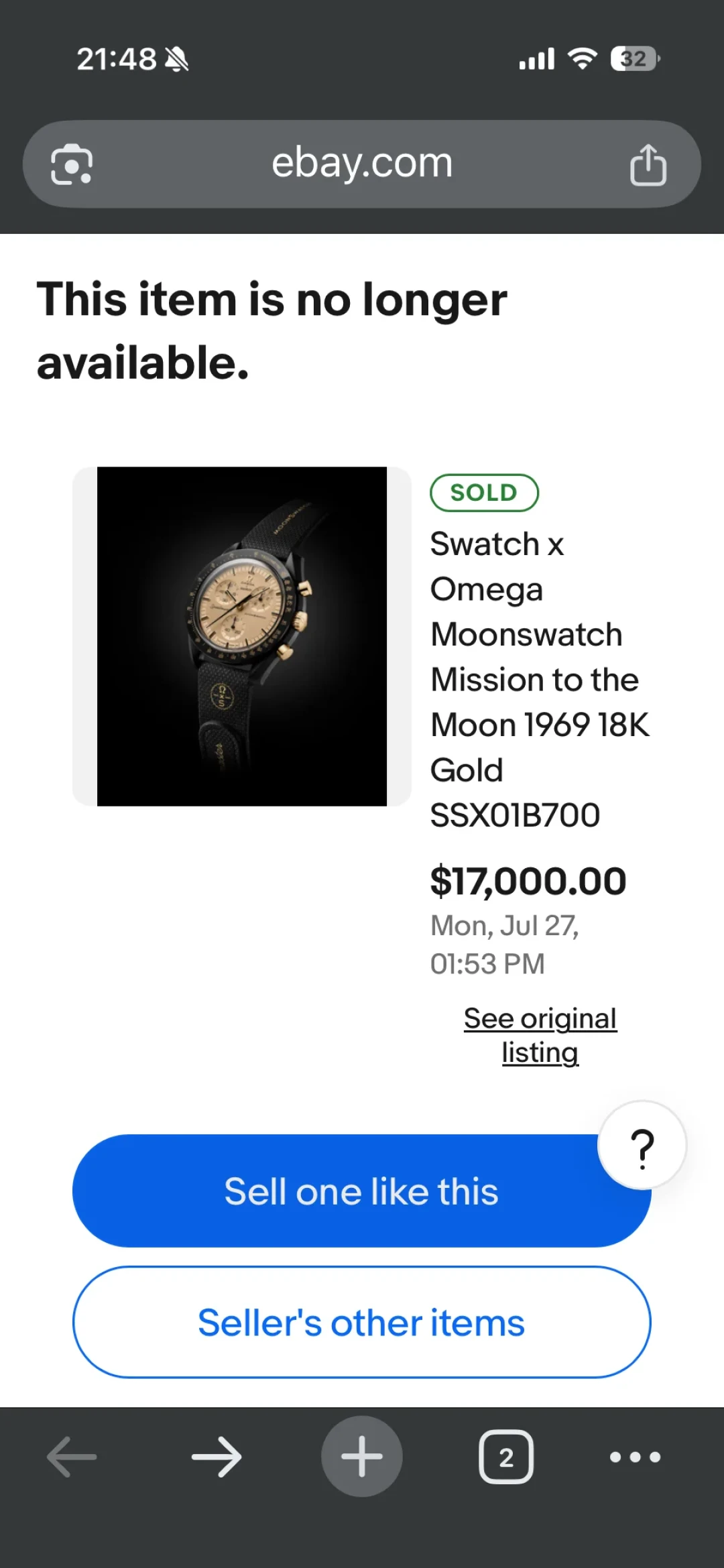 公价4400,金料就近8000,eBay拍出1.7万美元:MoonSwatch 1969金表,现在追是捡漏还是接盘?