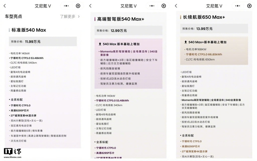 艾尼氪V预售配置表
