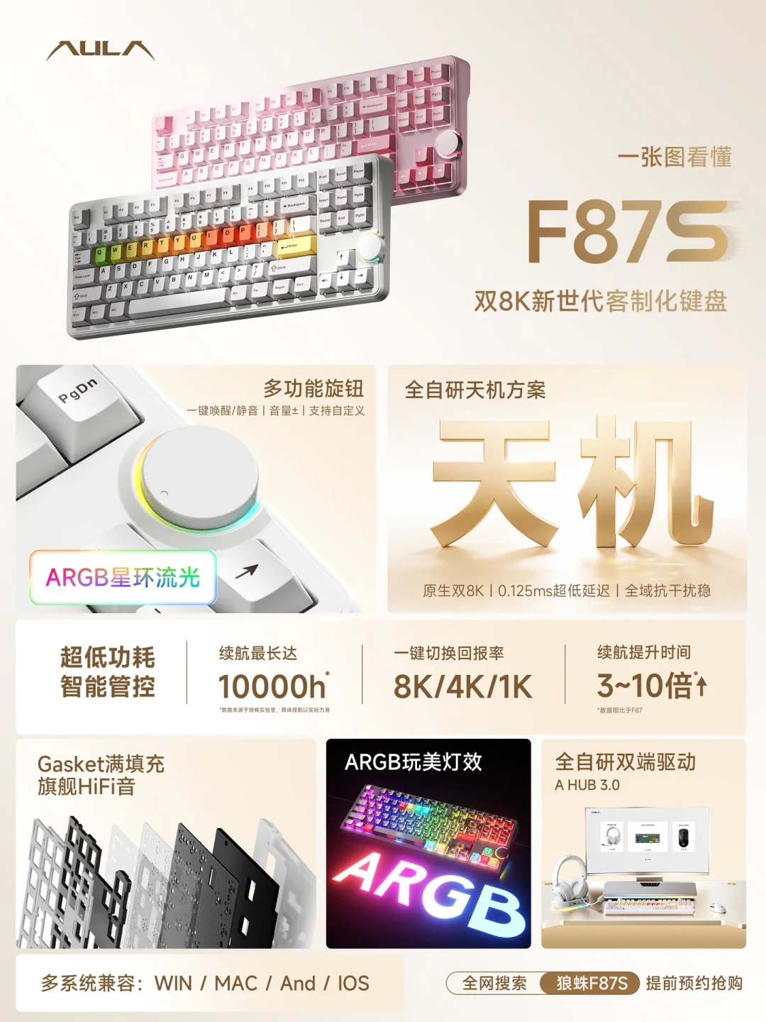 “双8K”机械键盘卷到259元:狼蛛F87S今晚20点首发,但磁轴最值钱的功能它给不了