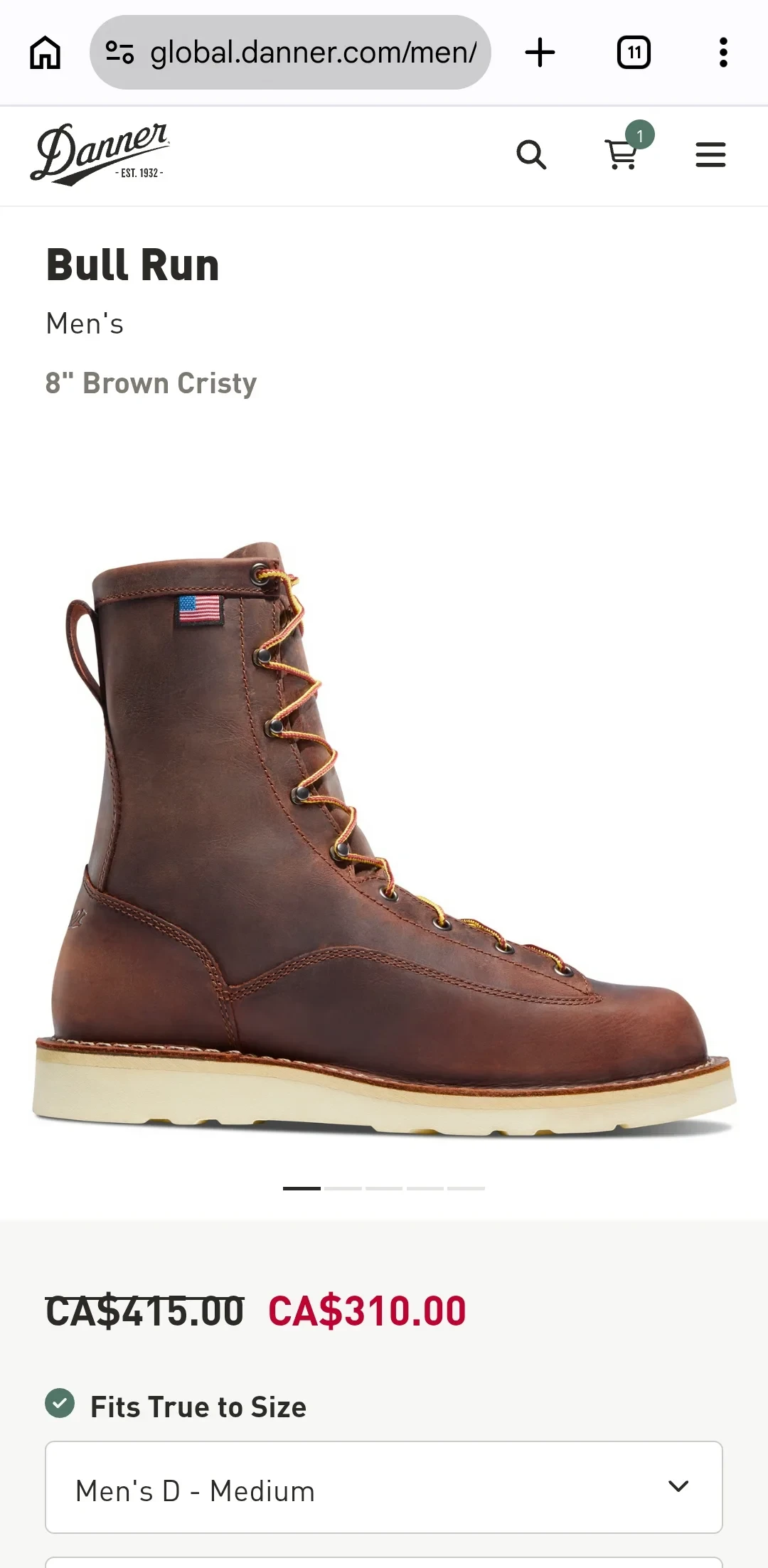 Bull Run 8寸 Brown Cristy 官网折扣页截图：CA$415 折至 CA$310