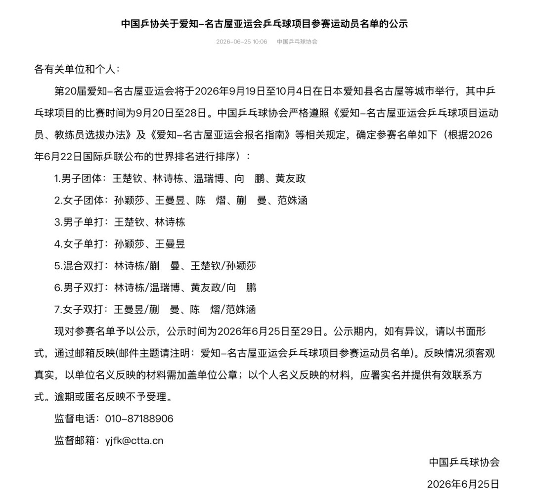 名古屋亚运会倒计时一个月:杭州男团只留王楚钦,乒协这份名单在赌什么