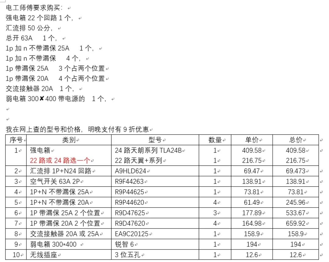 电工开的施耐德清单，门店报价2000，同款配置最低400多成交：翻了十几份装修订单，我把这份价格地图摸清了