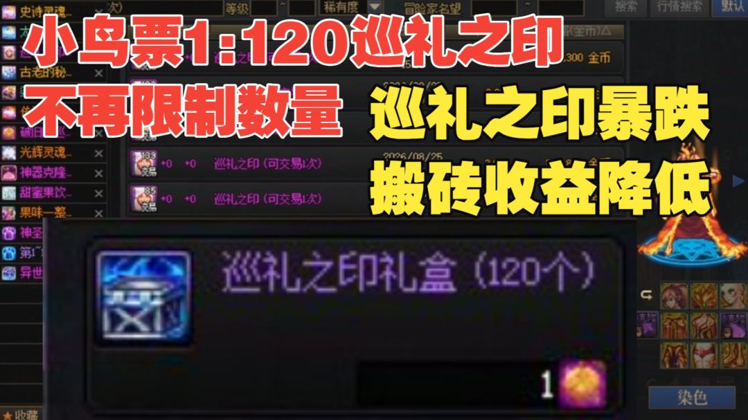 体验服8.25更新后小鸟票1:120兑换巡礼之印不再限量，当日巡礼之印价格暴跌