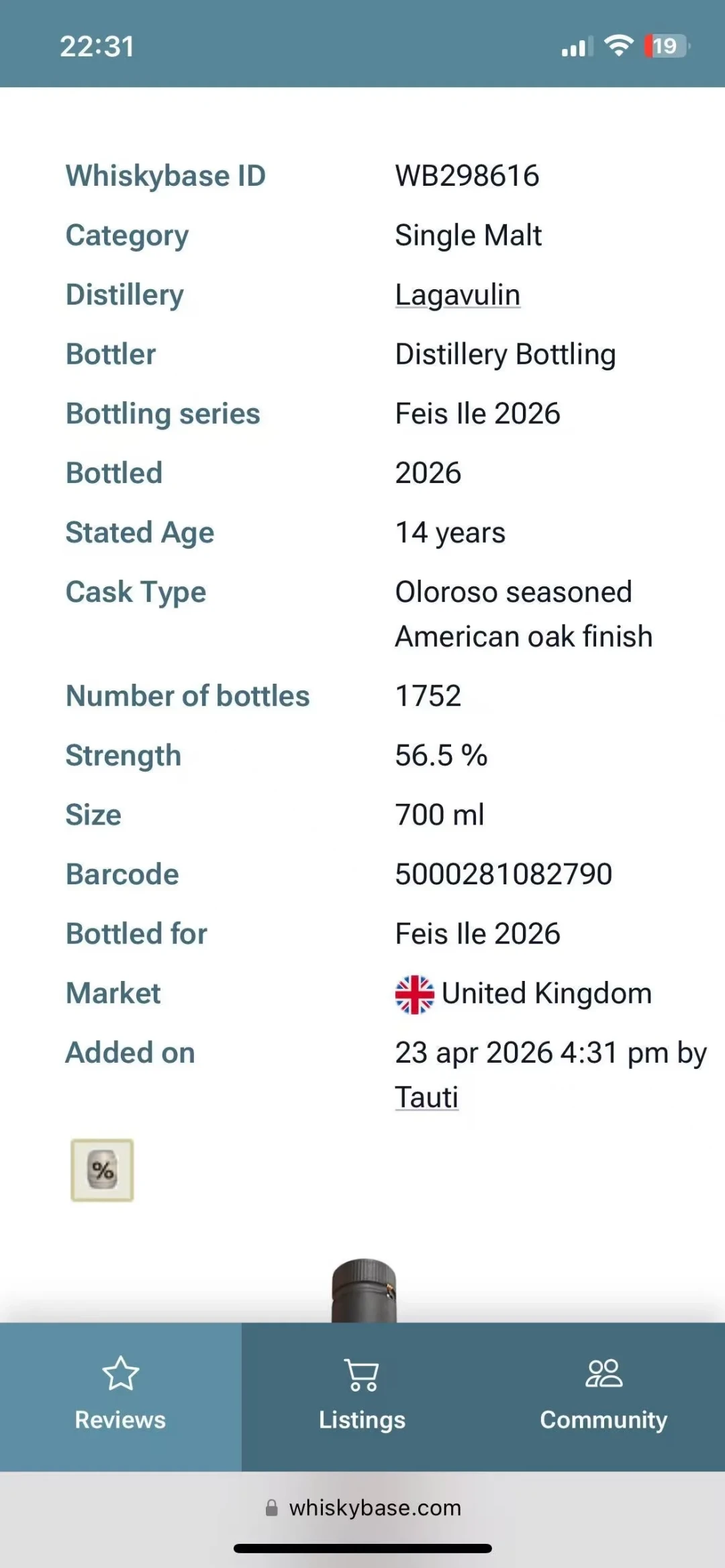 WhiskyBase上乐加维林2026岛节14年的条目：1752瓶、56.5%、奥罗索雪莉桶收尾