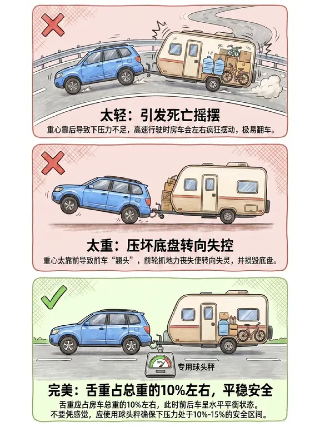 拖挂房车开始甩尾时,千万别急刹:国庆首趟出发前,把配重、水平和这根绳查明白