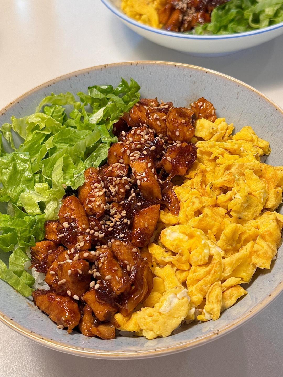 单碗鸡肉饭俯拍：米饭占比往往是热量大头