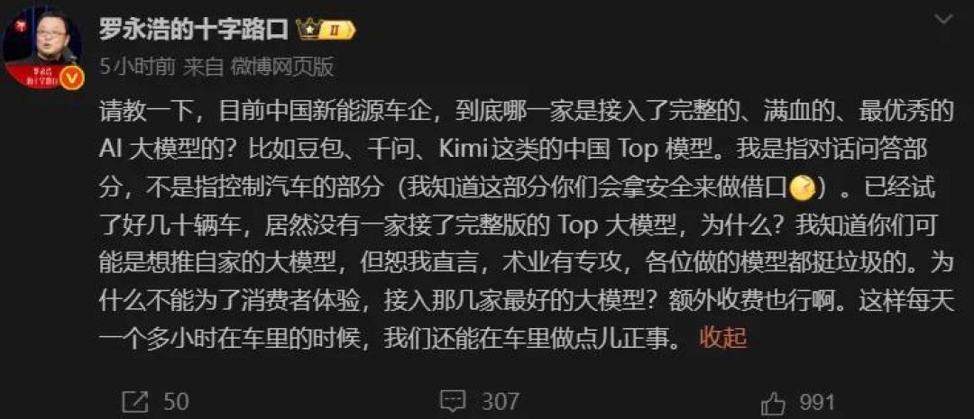 罗永浩吐槽车企大模型