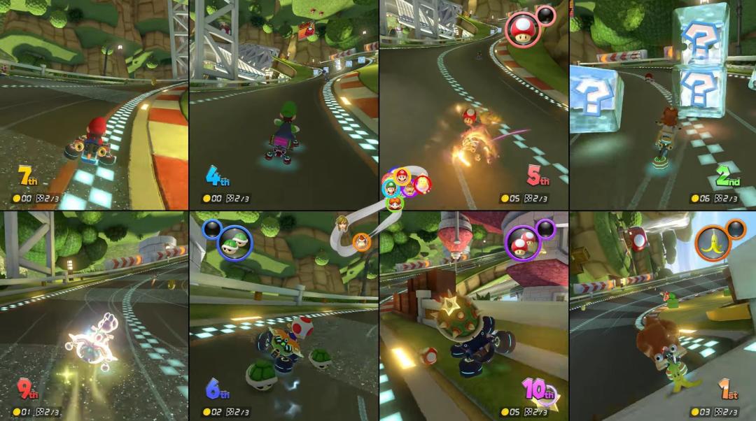 马力欧卡丁车8豪华版4.0.0更新官方8人分屏宣传图：一台Switch 2即可支持8人同屏竞速