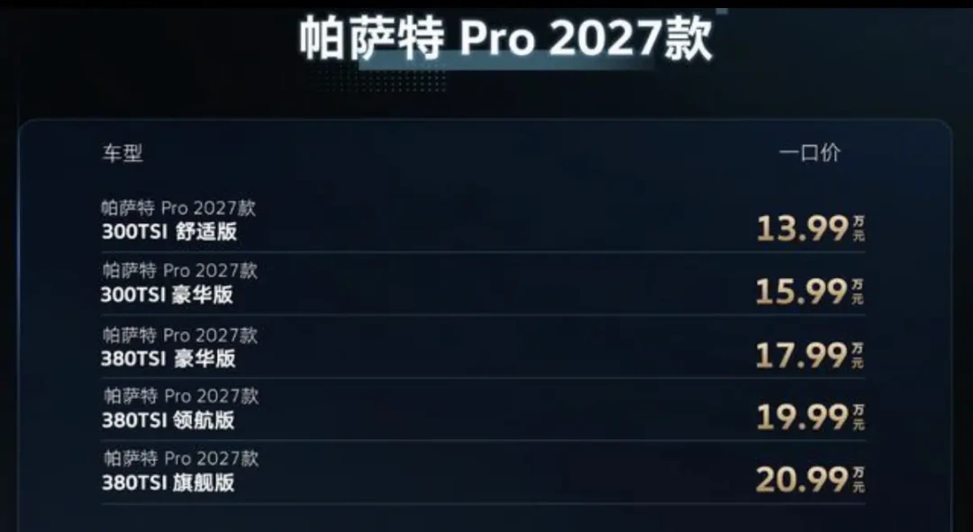2027款帕萨特Pro一口价13.99万上市:老款清库只要12.85万,这1.14万差价到底买了什么