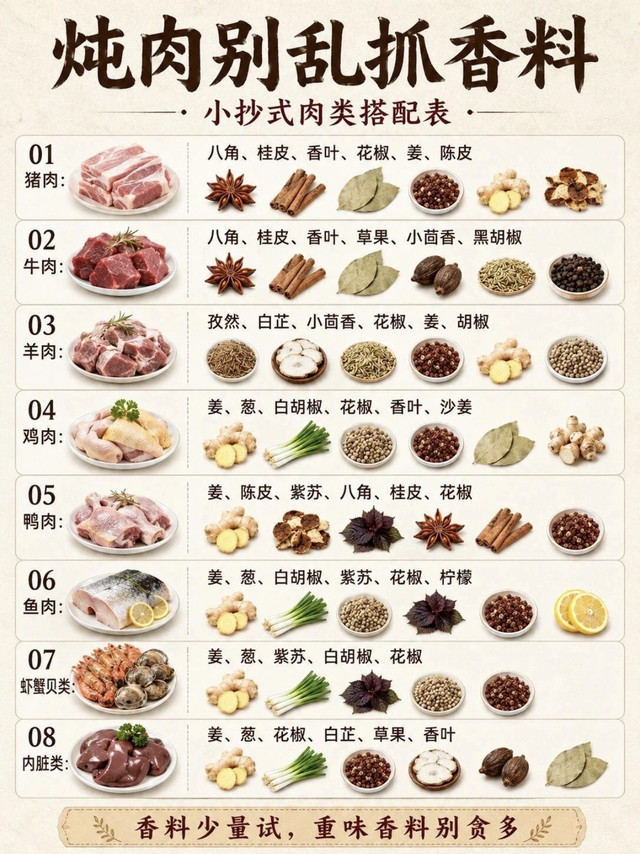 炖肉别乱抓香料🔥一张表搞定所有肉类搭配