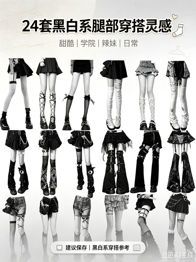 标题：24套黑白系腿部穿搭灵感