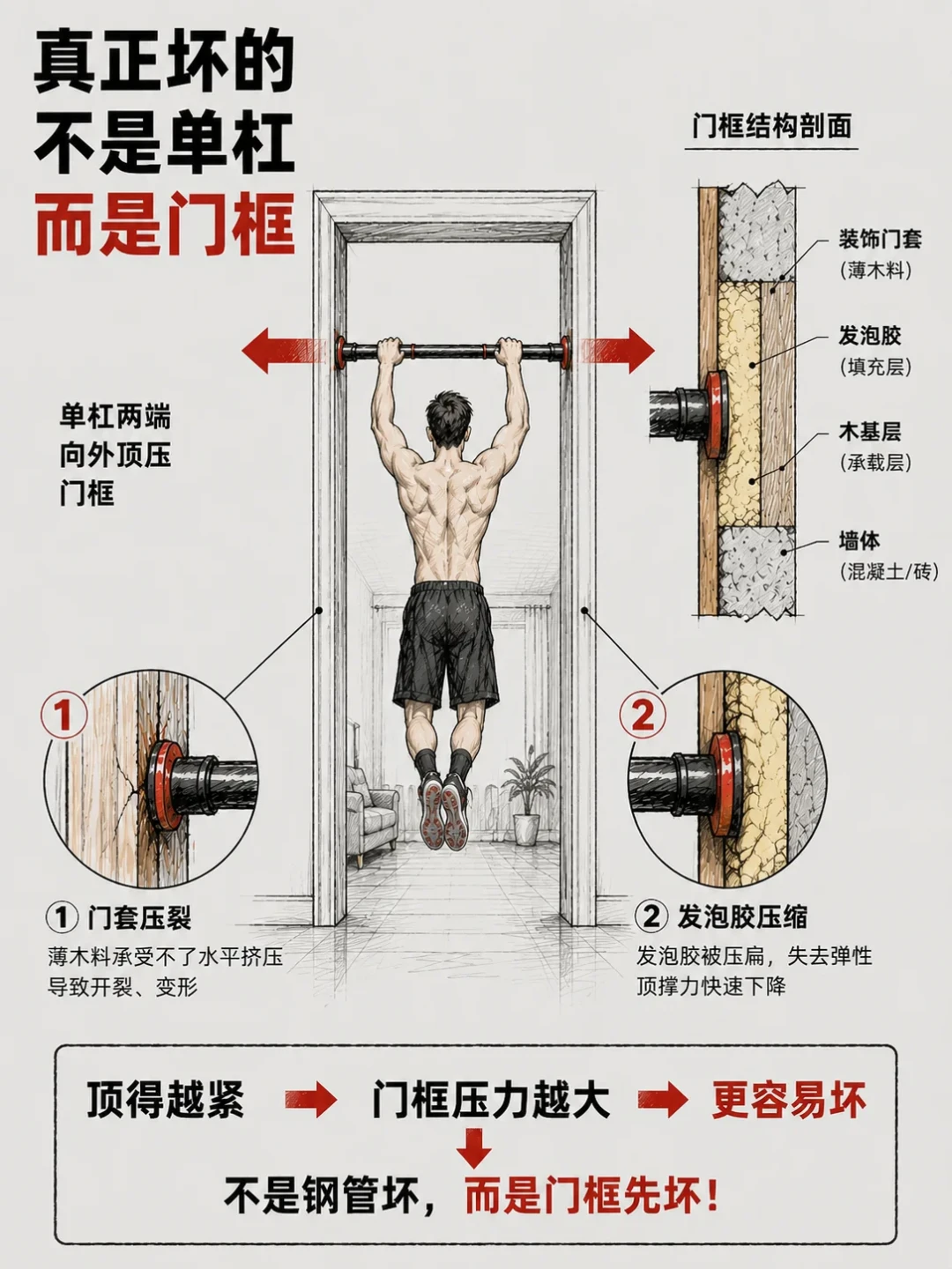 4.9万赞的“免打孔单杠摔成脑疝”过去两个月,9月还有新帖在教孩子吊杠拉伸:翻完果壳急诊病例、建筑工程师的门框逻辑和几百条摔伤帖——“承重800斤”是在两块钢板之间测出来的,你家门框里是发泡胶;这根几十块的杠子不是不能买,是三件事没搞清前别让家人先上