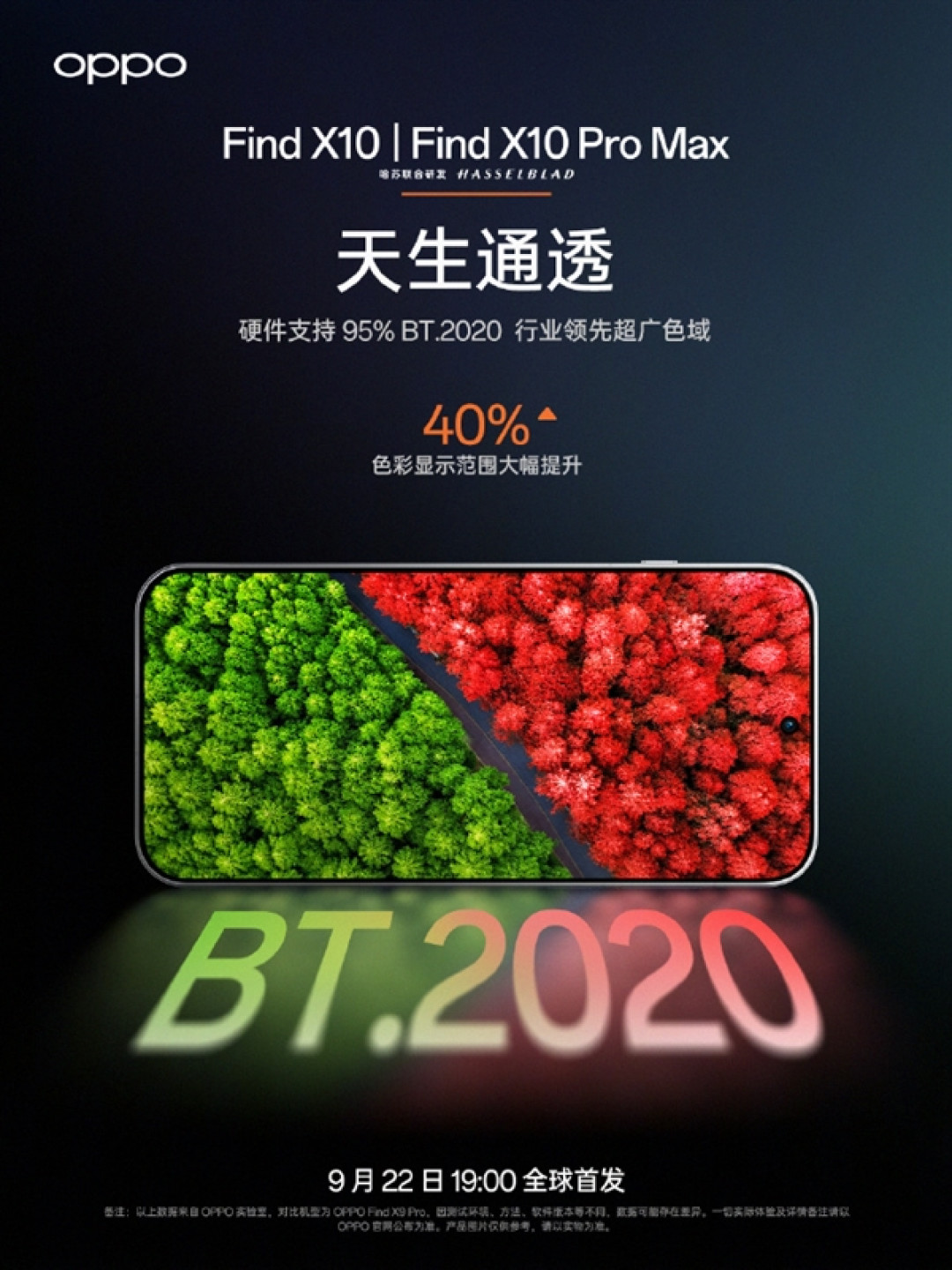 OPPO Find X10系列首发原色光谱发光材料:95% BT.2020超广色域行业最高