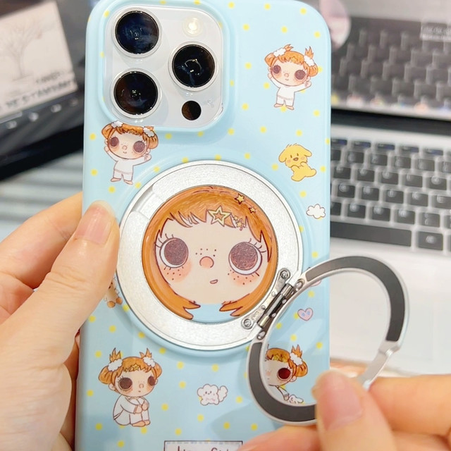 适用iPhone18ProMax旋转支架壳，黄发女孩图案个性不撞款