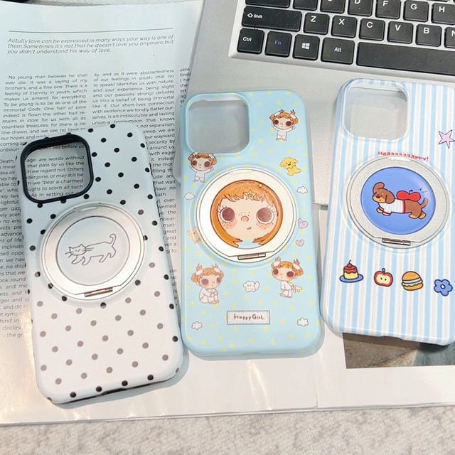 适用iPhone16ProMax旋转支点壳，条纹小狗图案个性不撞款