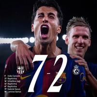 7-2狂胜！拉菲尼亚戴帽，巴萨28球刷赛季新高，领先皇马3分领跑西甲