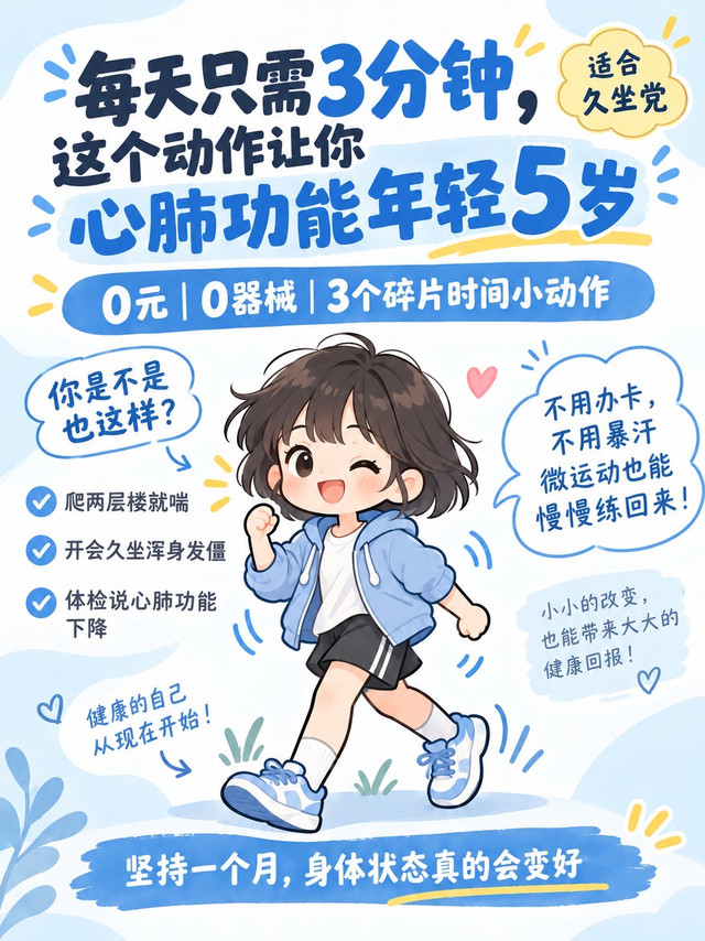每天改善心肺功能🏃‍♀️  不花钱不用器械，3个碎片时间小动作！