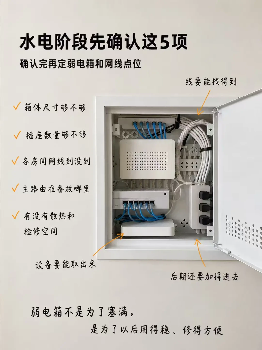 路由器关在门口铁箱里,WiFi7的钱等于白扔?翻完知乎“金属箱让5GHz信号衰减60-80%”的实测、易来399元智能弱电箱面板460条评论的“光污染”争论和小红书498收藏的免打孔隐藏帖:先分清弱电箱里什么该留什么该请出去,再从0元挪位、20元风扇、装修改线到众筹面板四档里挑